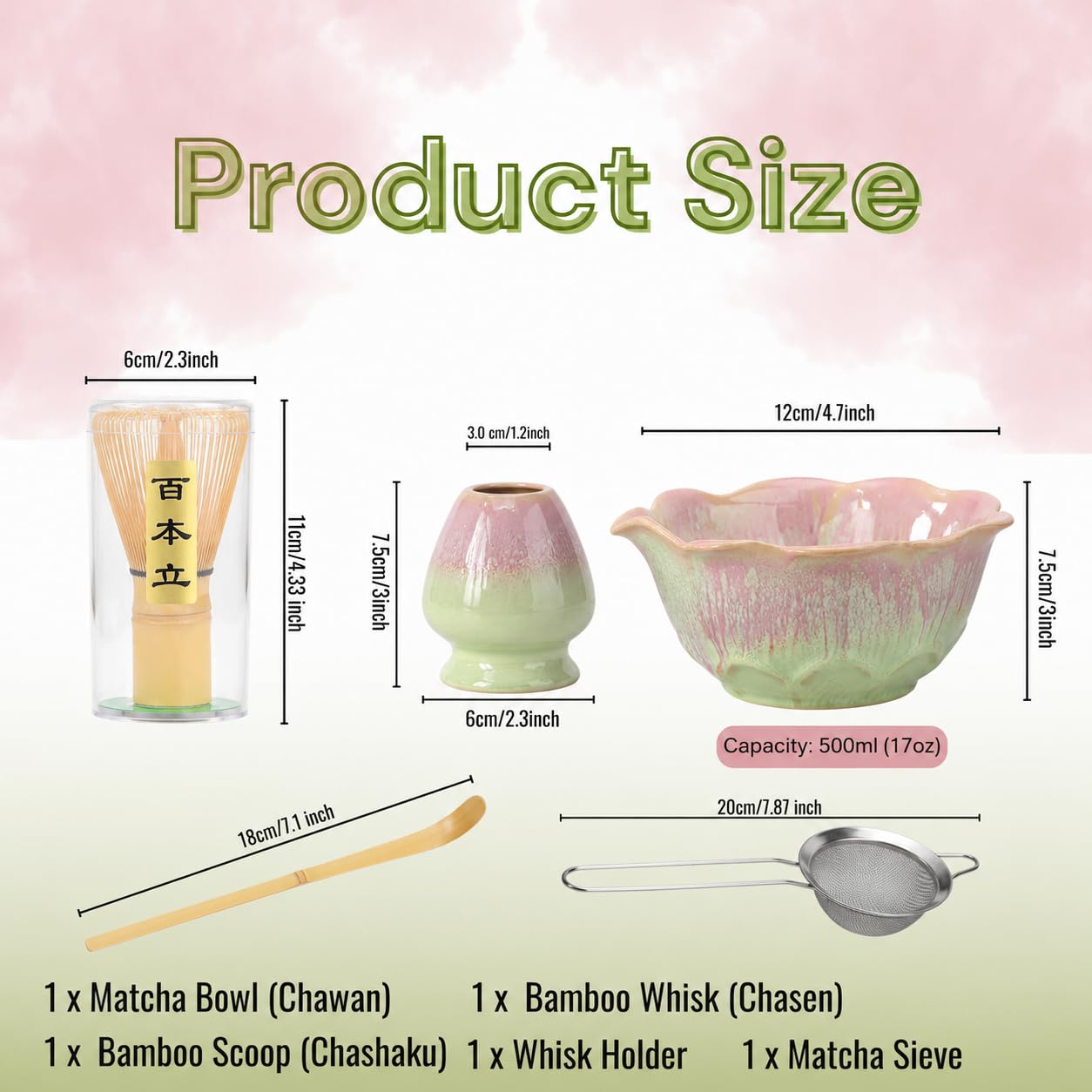Matcha Set 5-teilig, Matcha Schale mit Ausgießer in Blumenform Grün Rosa, Chasen, Bambusbesen, Chasenhalter, Bambuslöffel, Sieb, Japanisches Matcha Tee Set