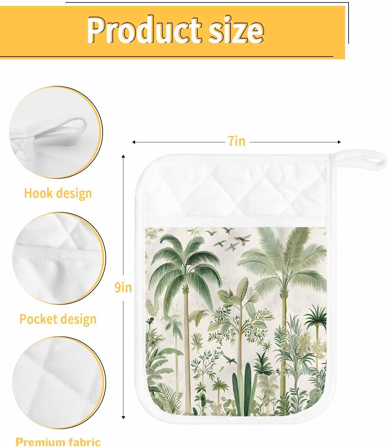 5 Pack Pot Holder with Pocket, Retro Tropical Forest Scene Kitchen Potholders Heat Proof Non Slip Pot Holders Sets, Green Coconut Tree Bird Hot Pads Potholder for Cooking Baking BBQ