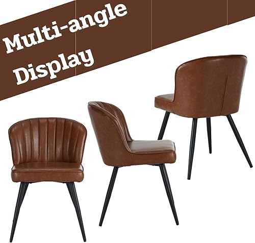 Miniatura 8 de Juego de 2 sillas de comedor marrones de cuero con respaldo, sillas decorativas modernas de mediados de siglo, sillas laterales tapizadas sin brazos