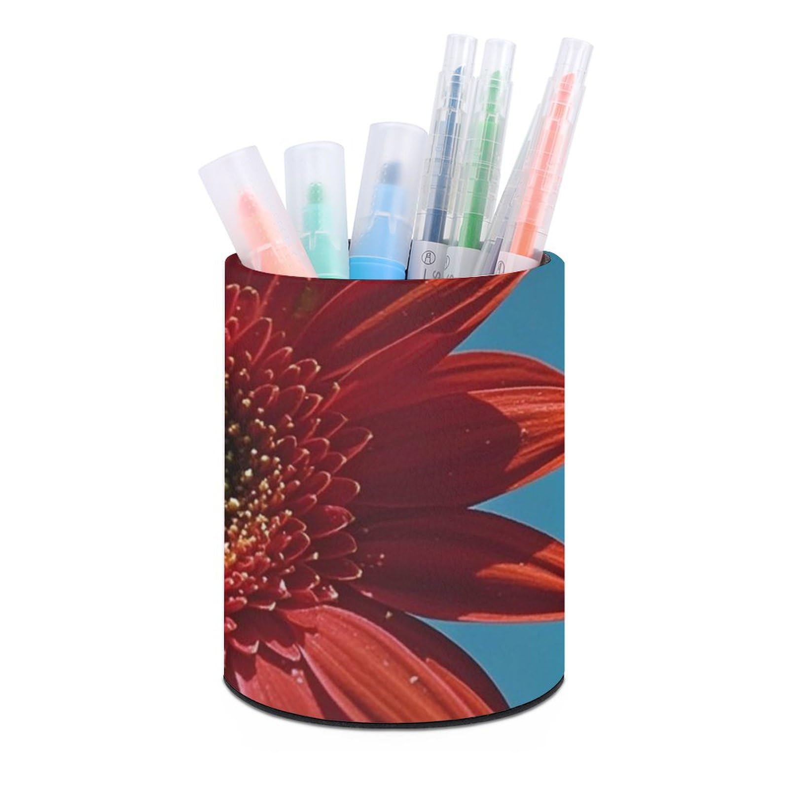KLOPH PU Leather Pen Holder for Desk, Aesthetic Pencil Cup for Desktop, Makeup Brush Srotage for PenOrganizer Office Supplies, Red Flower Petals Pen Cup Pencil Caddy for Home Art Supply