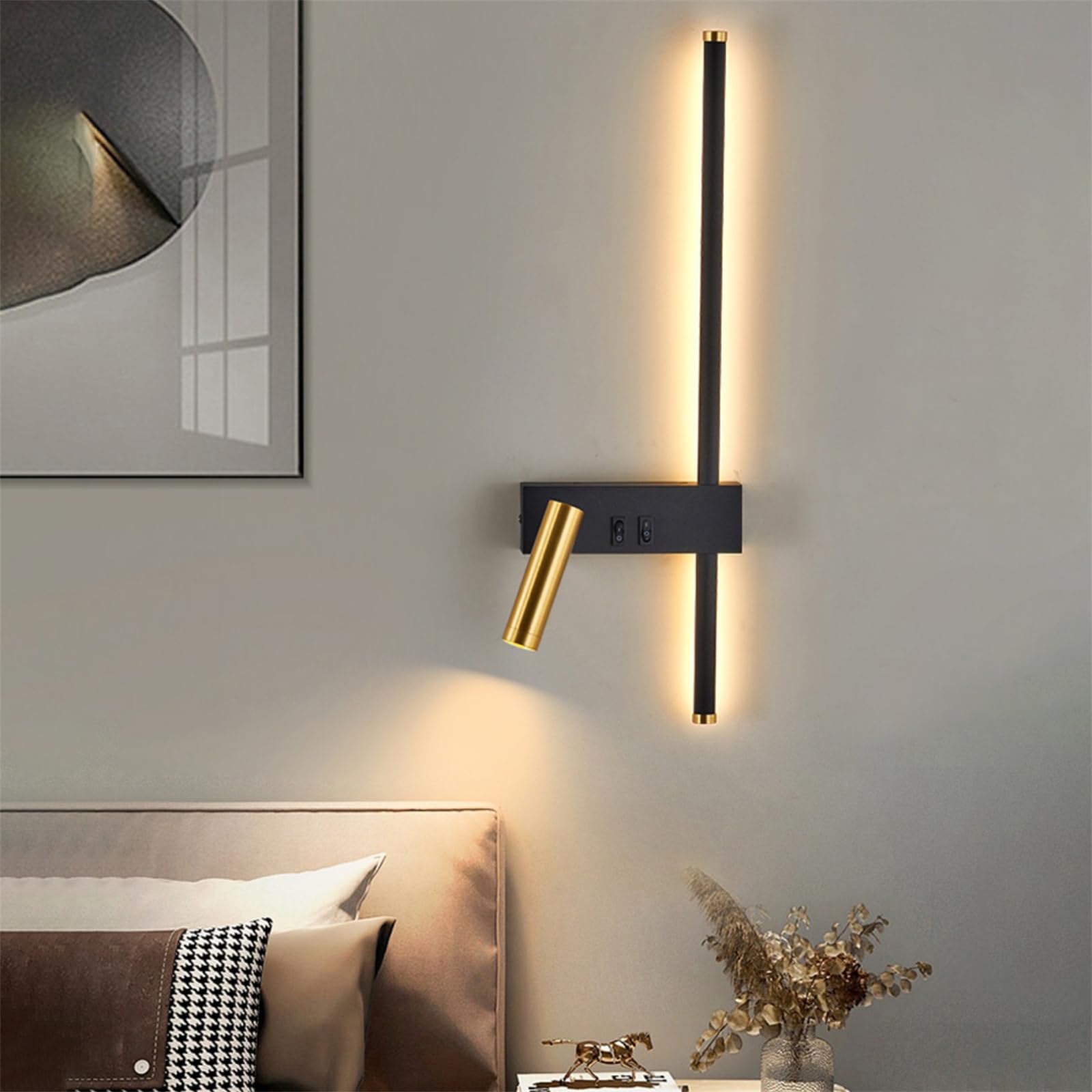 LED Wandleuchte Schwarz 350° Drehbar Wandleuchten Innen Modern mit Zwei Unabhängige Schalter Wandlampe Metall Wohnzimmer Leselampe Wandbeleuchtung für Schlafzimmer Dekorative (Warmes Licht,Links)