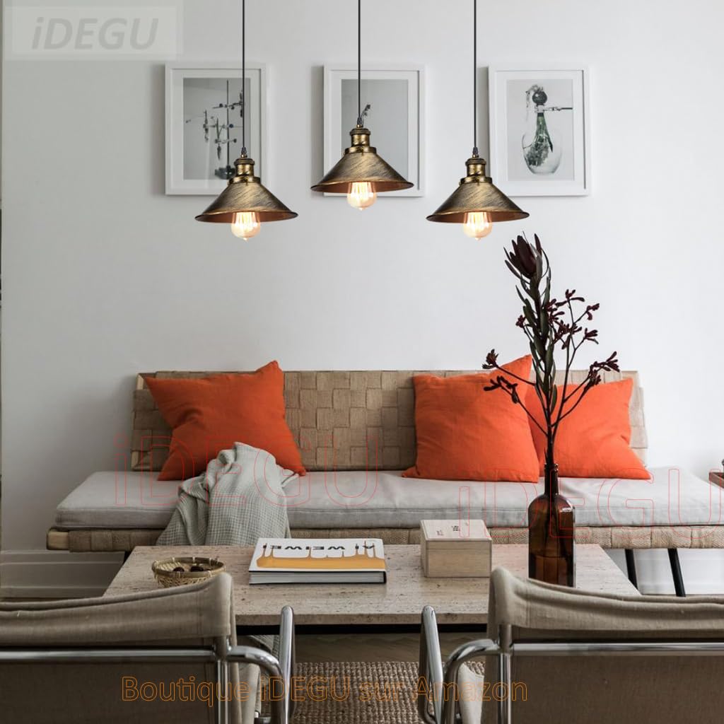 iDEGU 3 Luci Lampadario a Sospensione Industriale Lampada a Sospensione Vintage Stile Edison E27 Plafoniera Lampada da Soffitto per Sala da Pranzo Soggiorno Cucina Bar, 22CM (3 Luci Palo, Bronzo)