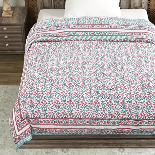 Image of BLOCKS OF INDIA Cotton Single Size Quilt Hand Block Print for Light Winters (60x90 Inches) (Turq Pink JAAL)-300 TC