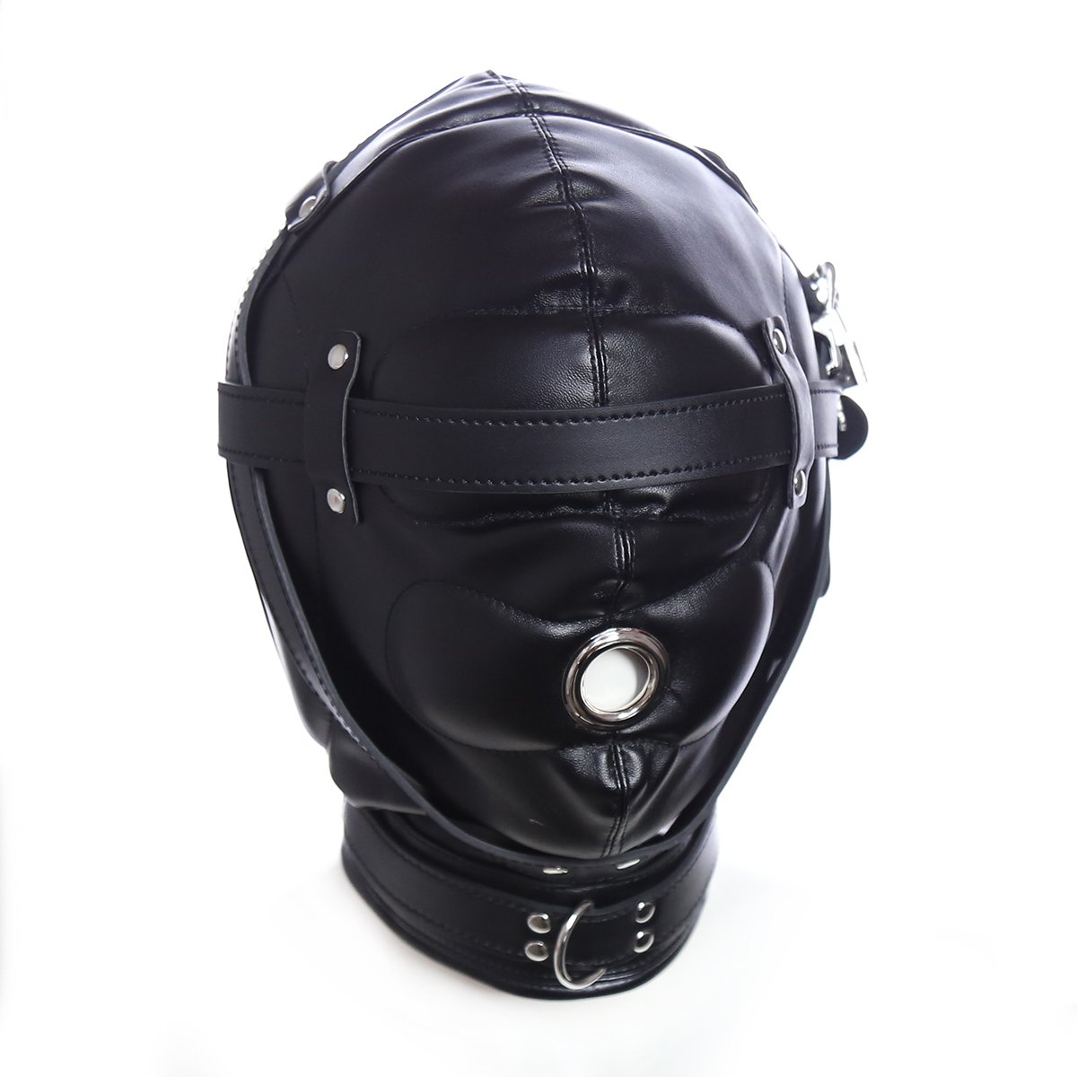 Noir Masque de tête unisexe Bondage Fétiche SM Cuir avec ouverture de bouche Cuir Tous les masques inclus Jouets sexuels Bandeau pour les yeux avec serrure pour les couples Cosplay Réglable Fétiche