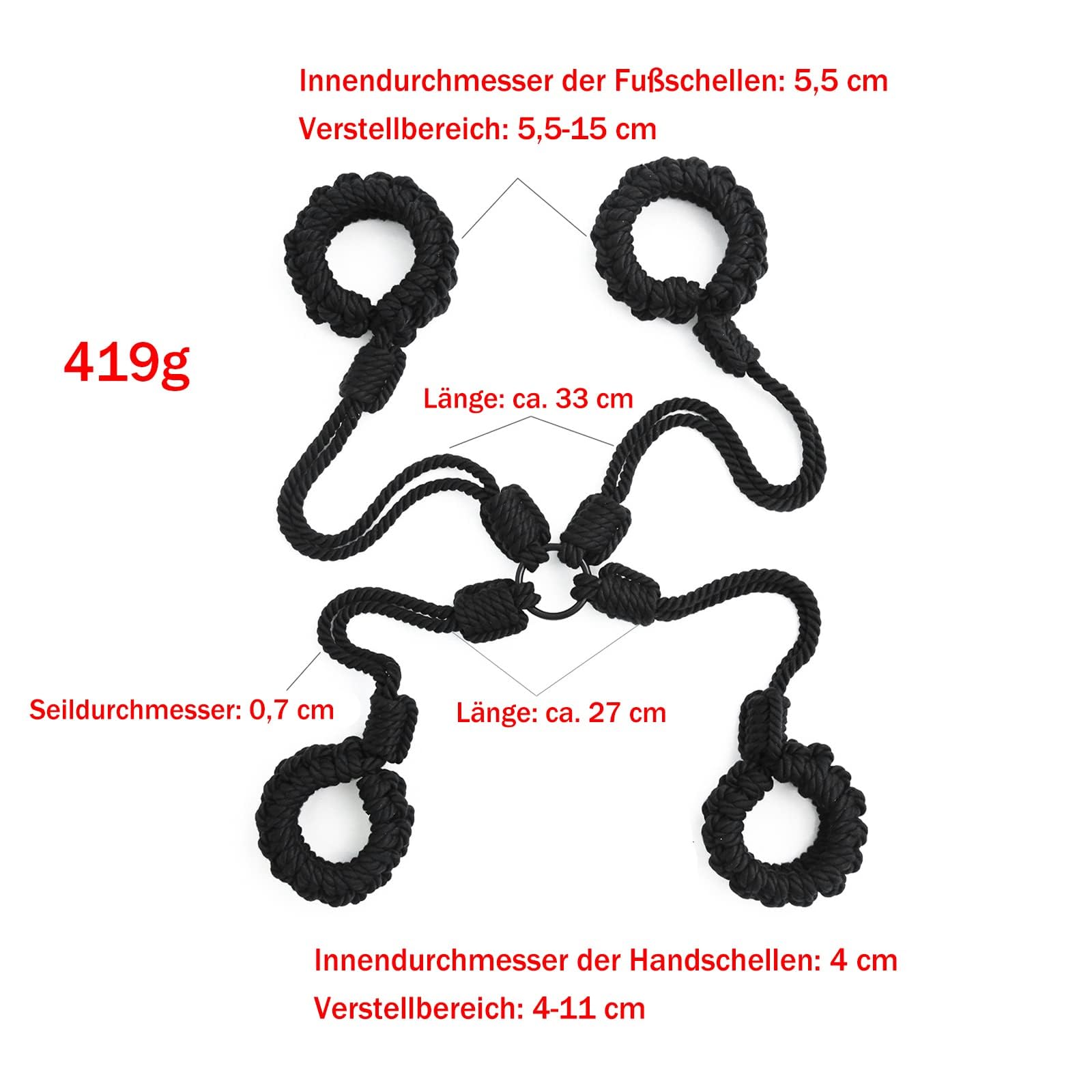 Bondage Handfesseln und Fußfesseln Fesselkreuz Zurück Fesselgurt BDSM Baumwollseil Handschellen Knöchelfesseln Fesselset Einstellbar Erotik Sexspielzeug für Paare Frauen Extrem