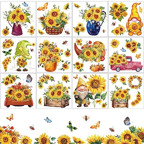 Image of 12 Sheets Sunflower Rub on Transfer Flower Decor Transfer Stickers Spring Fall Holiday Rub on Decals for Christmas Wood Furniture and Craft Journal Envelope Scrapbooking, 5.9 x 5.9 Inch