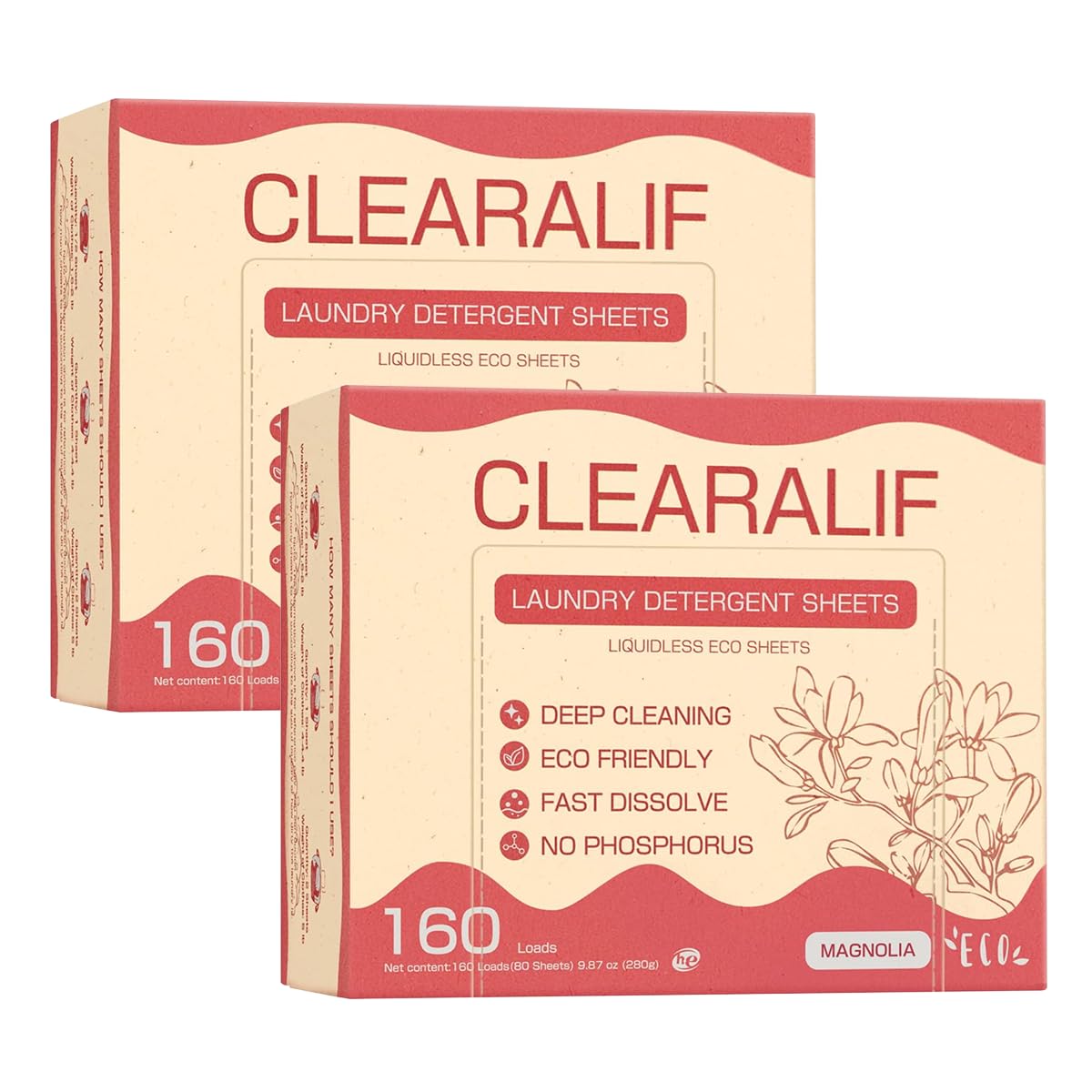 CLEARALIF Láminas de detergente para ropa de hasta 320 cargas, magnolia, ideal para viajes, apartamentos, dormitorios, tiras de detergente para ropa ecológicas e hipoalergénicas, paquete de 2