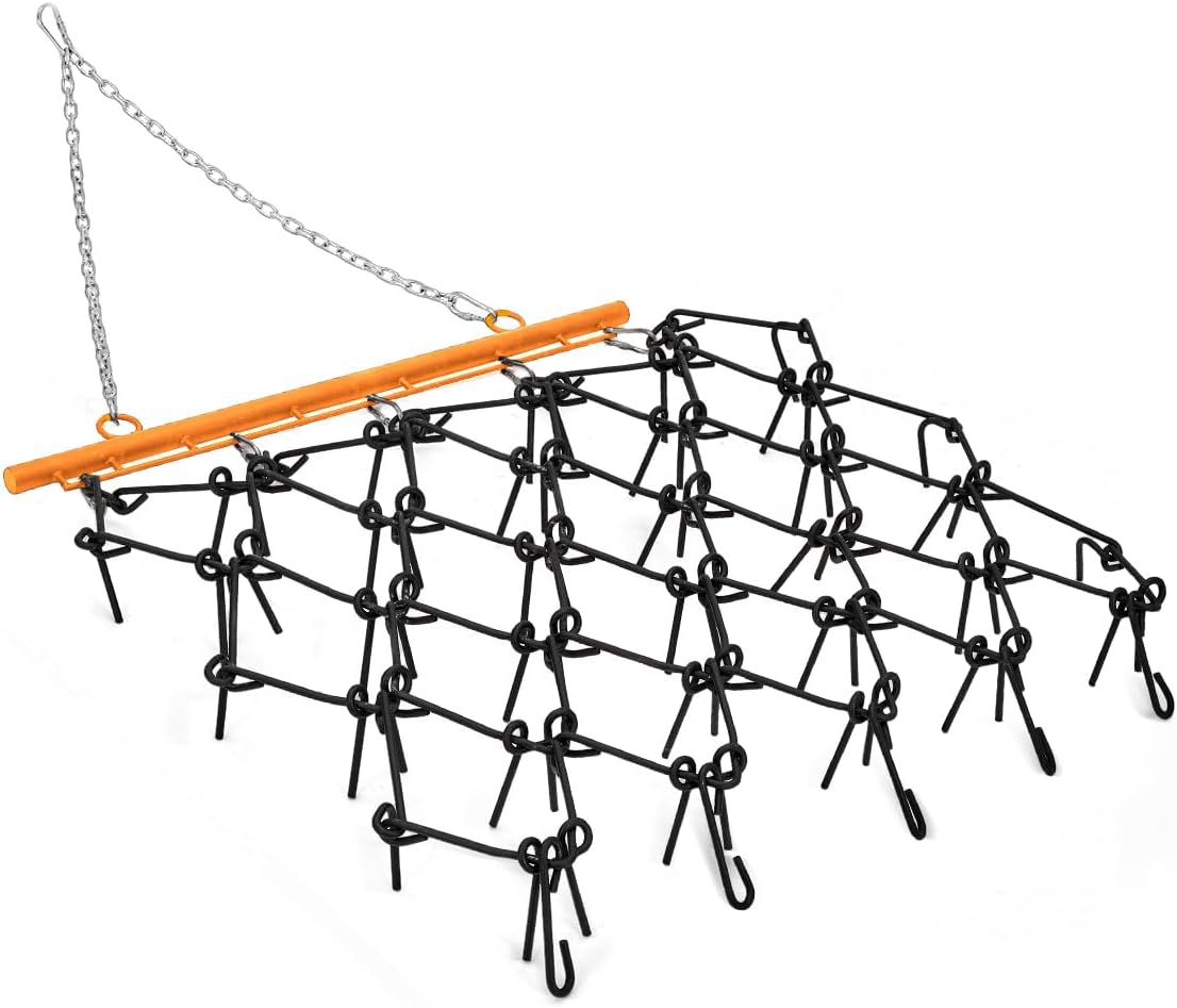 Chain Drag Harrow 4 ft x 4 ft, 3/8" Tines Heavy Duty Mesh Harrow, Tow Behind Lawn Tractor, ATV, UTV– Soil, Gravel Driveway Field Attachment, Black/Orange