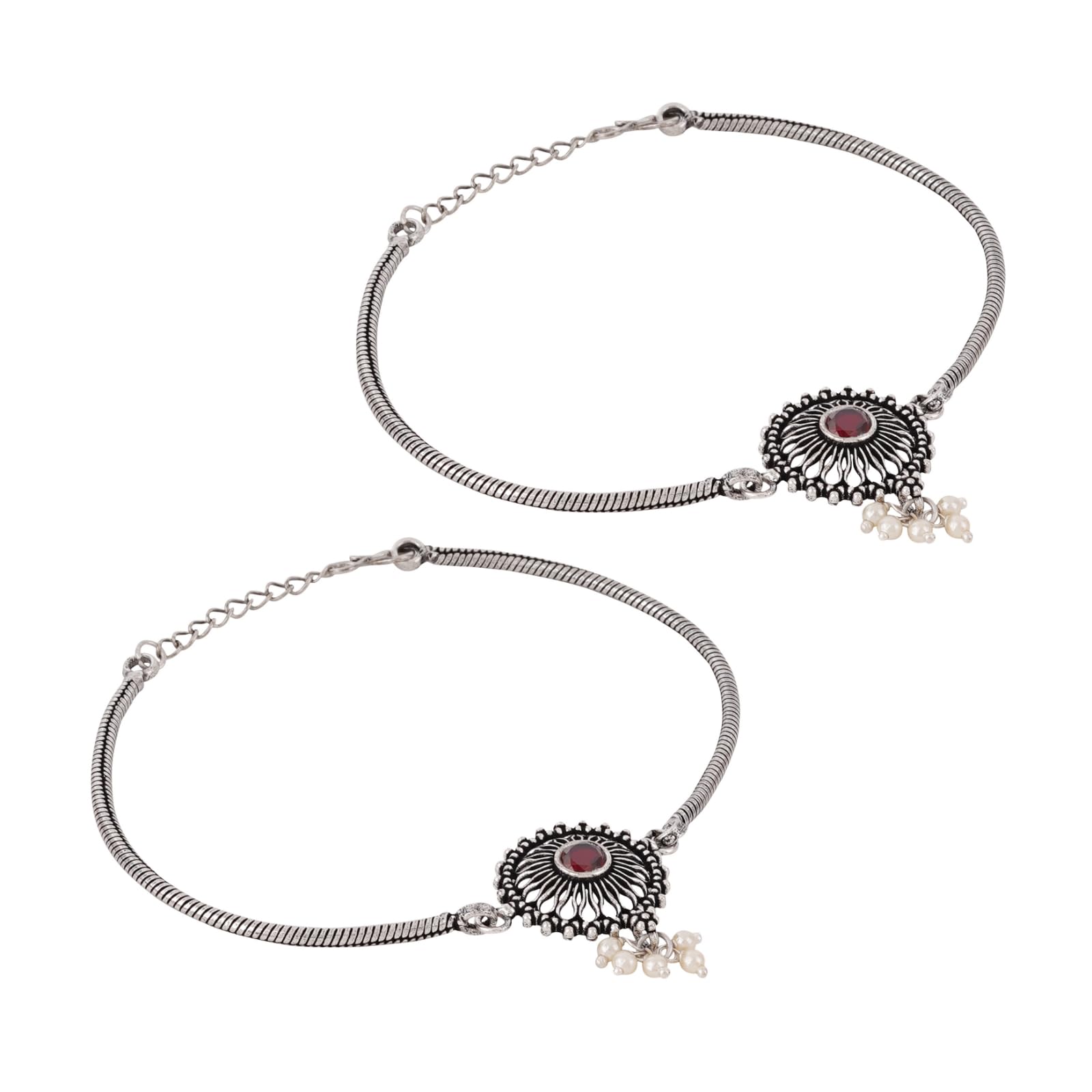 teejh Vaibhavari Red Silver Oxidised Anklet-picture-21