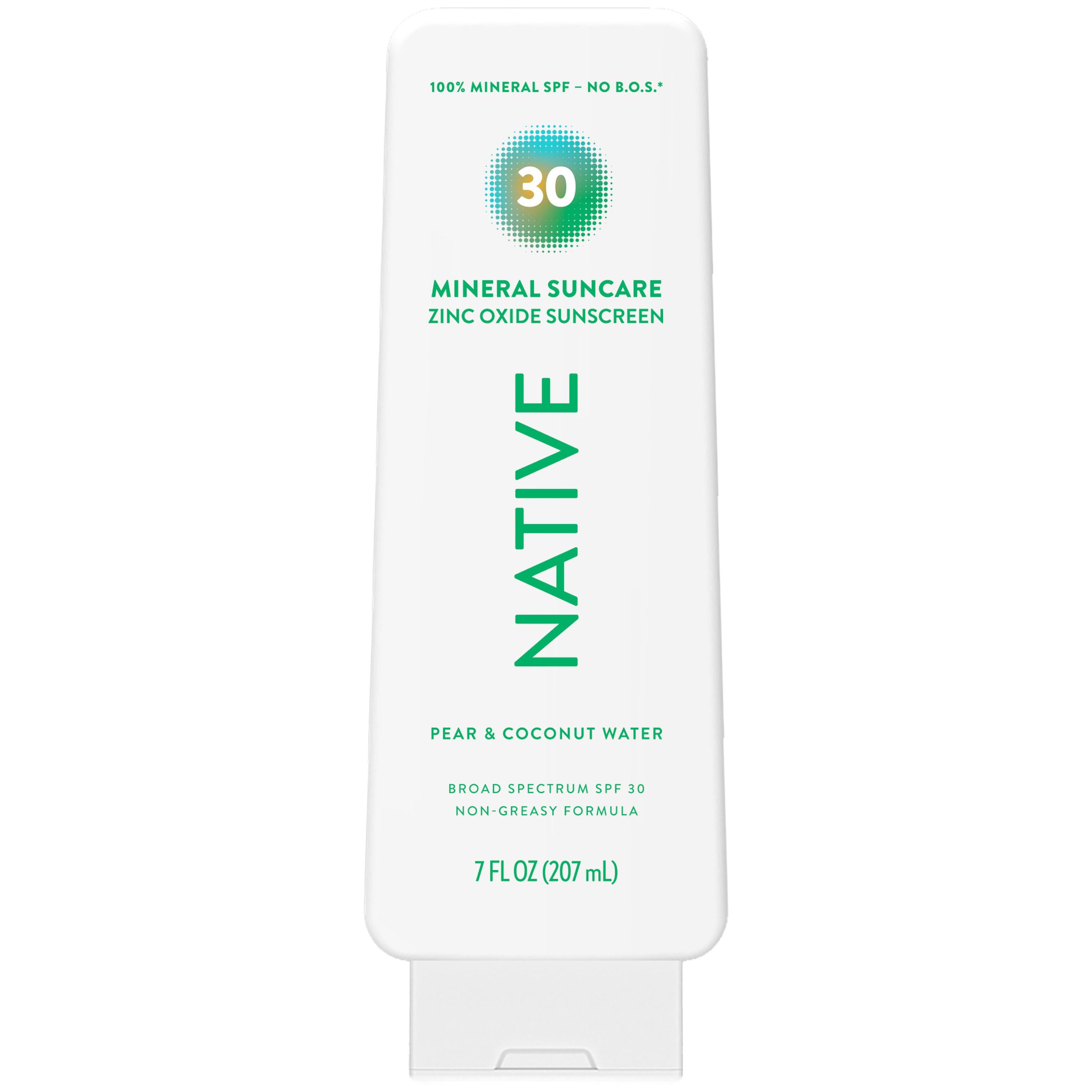 Native Sunscreen Lotion Pear & Coconut Water SPF 30, 100% Mineral SPF for Face & Body Broad Spectrum UVA UVB for Men & Women, Suitable for Sensitive Skin & Hawaii Compliant, Lightweight, 7oz