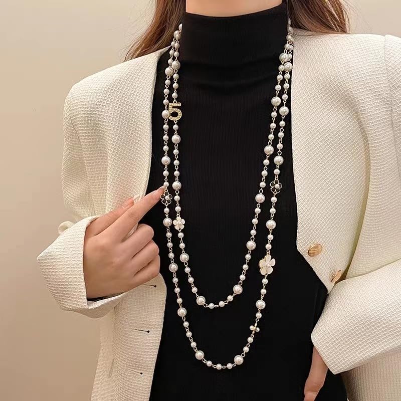 number layered pearl necklaces for women - long chunky pearl pendant necklace with flower design - Image 3