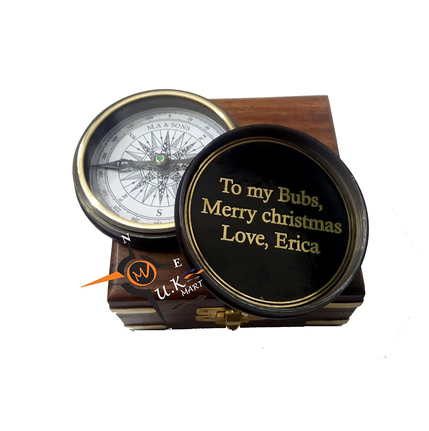 M.A & SONS Personalized Brass Compass Go Confidently in The Direction Quote, with Wooden Box 4