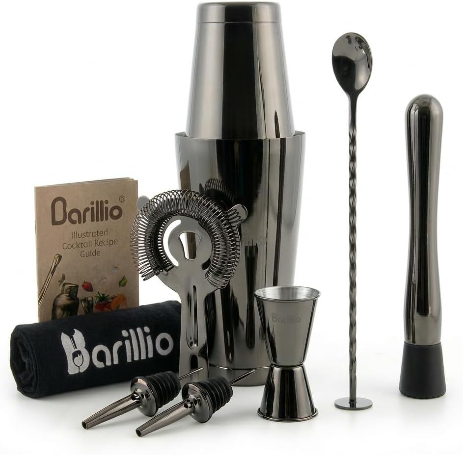 Barillio Black Boston Shaker Set - Stainless-Steel, Weighted Martini Cocktail Shaker Set w/Strainer & Mixer - Mixology Bartender Kit - Bar Set for The Home - 9-pc Drink Set - Bar Tools
