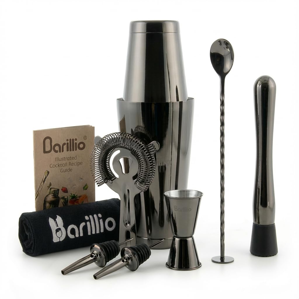 Barillio Black Boston Shaker Set - Stainless-Steel, Weighted Martini Cocktail Shaker Set w/Strainer & Mixer - Mixology Bartender Kit - Bar Set for The Home - 9-pc Drink Set - Bar Tools