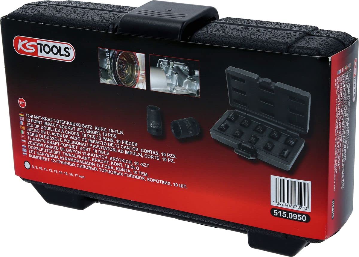 KS Tools 515.0950 Serie di Bussole Poligonali per Avvitatori ad Impulsi, Corte, 10 Pezzi8-17 mm, 3/8"