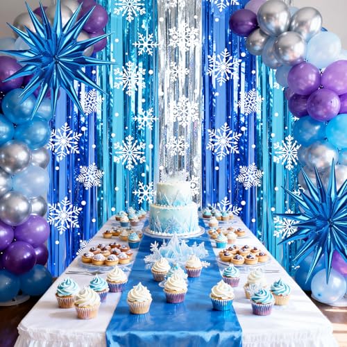 Image of 2 Packs Snowflake Foil Fringe Curtain, Blue Silver Ice Glitter Metallic Tinsel Backdrop for Princess Birthday Baby Shower Santa Claus Christmas Winter Wonderland Party Decoration Supplies