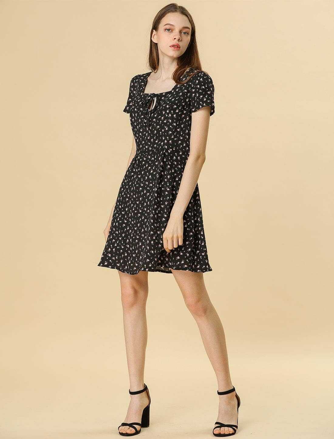 Allegra K Women's Printed Dress Summer 2025 Casual Square Neck Short Sleeve Fit and Flare Dresses - Image 3