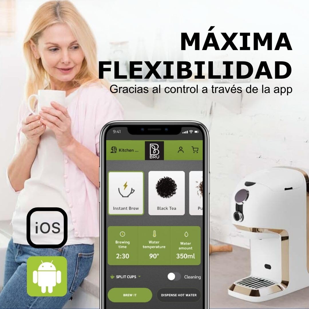 Máquina de té BRU Maker One, SIN cápsulas, dispensador de agua caliente y máquina de té en uno, té y agua filtrada con solo tocar un botón, sistema de limpieza automático