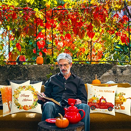 Remagr 6 Pack Fall Pillow Covers 18 X 18 Inch Fall Throw Pillow Covers Pumpkin Harvest Pillow Covers Maple Leaves Pumpkin Bicycle Truck Cushion Covers Autumn Farmhouse Cushion Cases Home Sofa Decor #TOP6