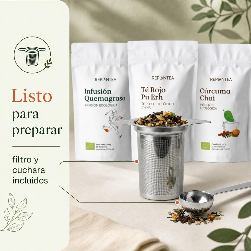 REPLANTEA Zestaw 3 naparów Slim luzem – Detox Depurtive and Drenant Herbata – 30 dni leczenia dla Twojego dobrego samopoczucia – filtr zaparzający i miarka ze stali nierdzewnej w zestawie