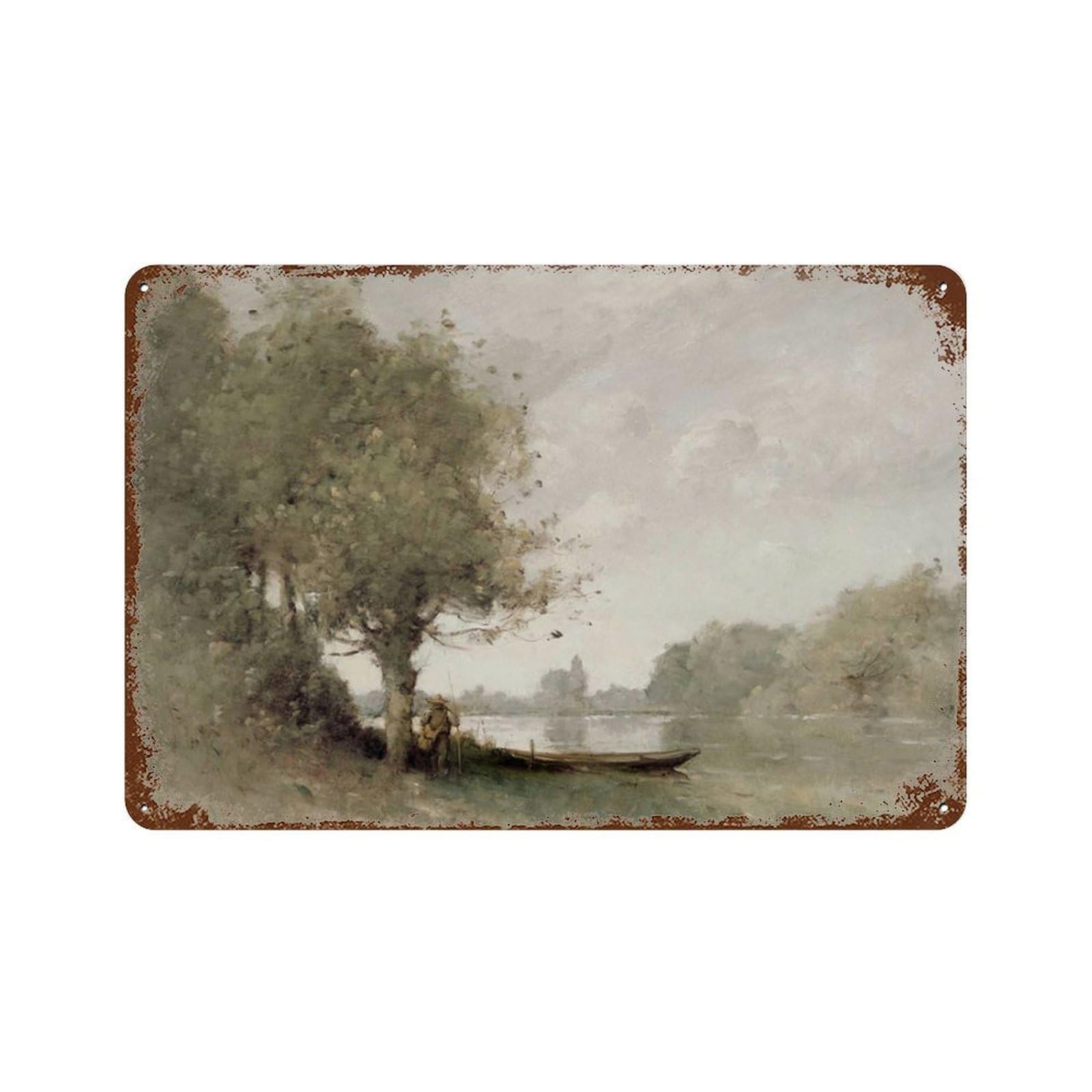 xiaoxiaoshen Muted Green Landscape Riverside Painting Wall Decor Art Metal Tin Poster Modern Home Decor Art Home Bar Shop Decorations Vintage Sign 20x30cm
