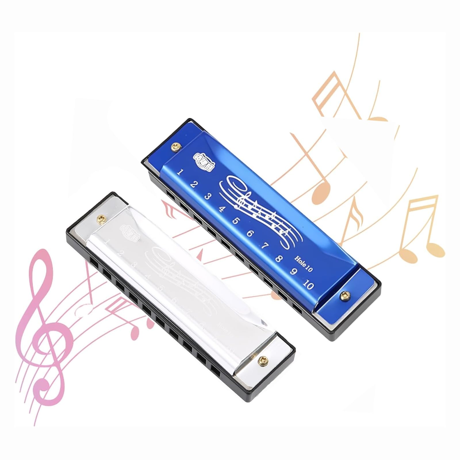 2Pcs Harmonica, Harmonicas for Adults Metal and Plastic Construction, Harmonicas, 10 Holes 20 Tones, Blue and Silver