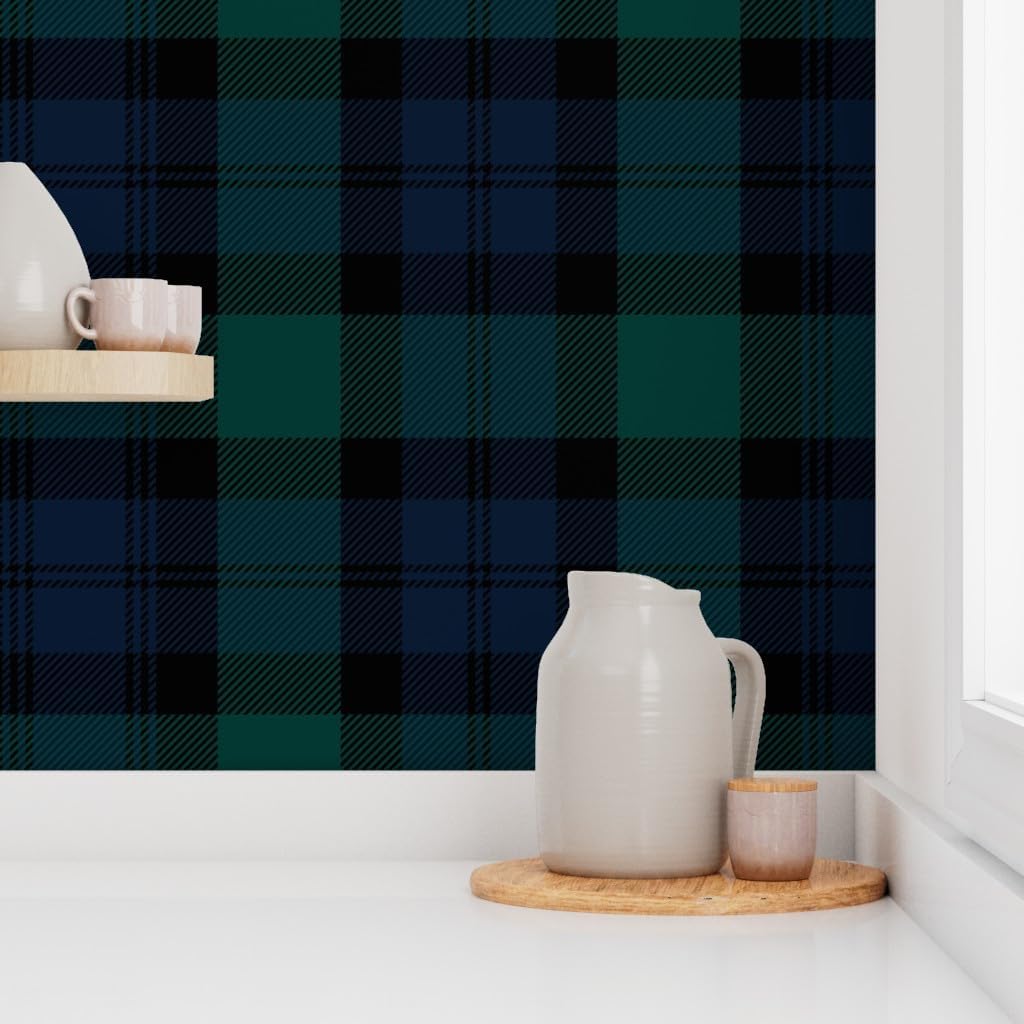 Peel & Stick Wallpaper Swatch - Dark Tartan Traditional Plaid Large Scale Green Classic Black Custom Removable Wallpaper by Spoonflower