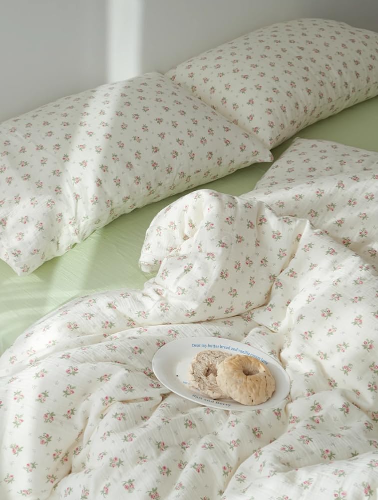 AShanlan Doppelte Musselin Bettwäsche 200x200 cm Baumwolle Rosa Blumenmuster Bettwäsche-Sets ÖKO-TEX Zertifizierte 1 Bettbezug und 2 Kissenbezüge 80x80 cm mit Reißverschluss