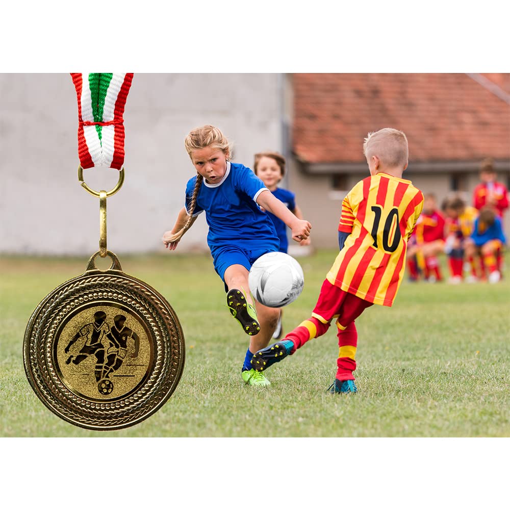 Fábrica de trofeos – Medallas de fútbol – Juego de 10 medallas de metal – Medalla de fútbol dorada para colgar para premios de premios – Medallas para niños con cinta verde y blanco rojo y emblema