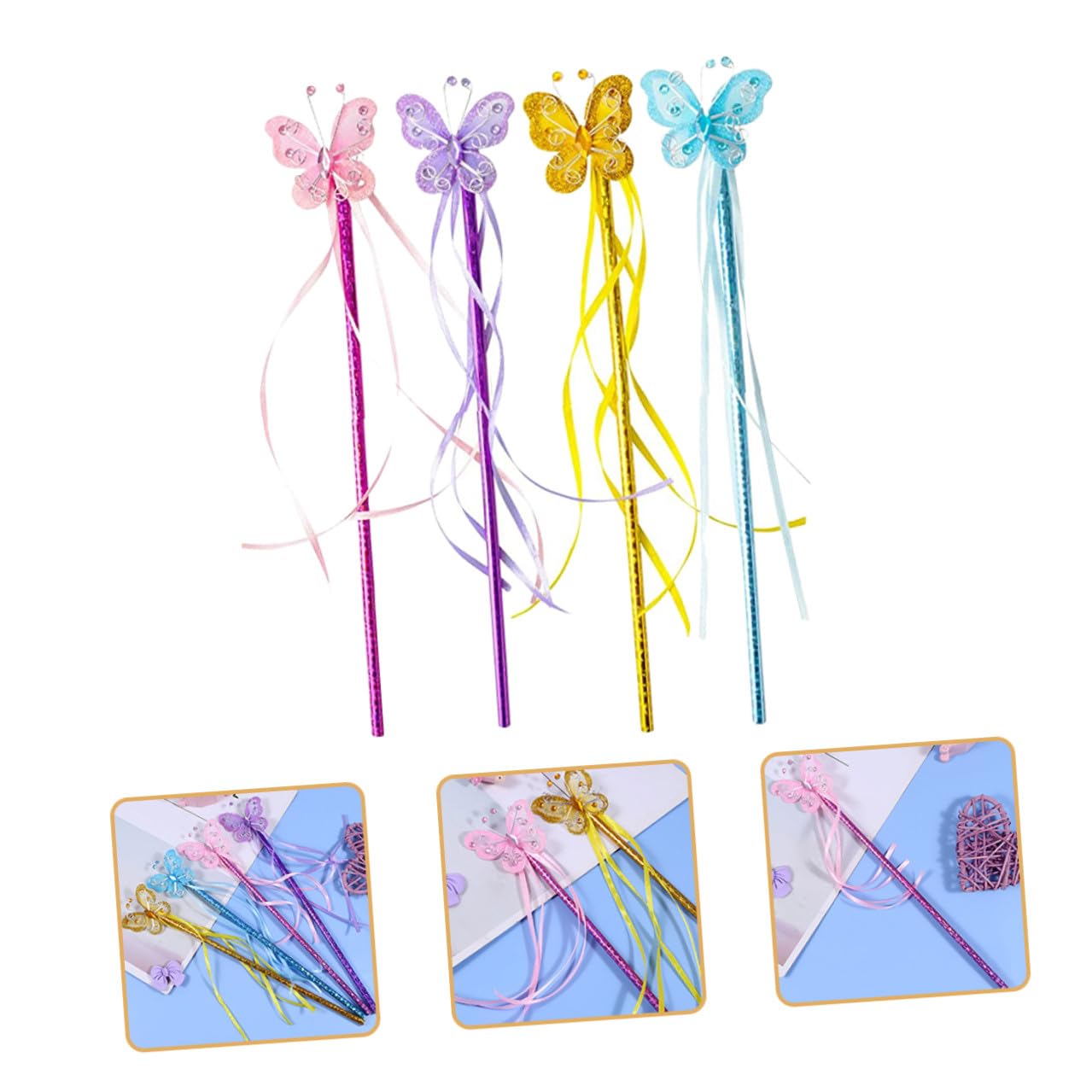 Bacchetta da Fata Farfalle 4 Pezzi in Pvc per Bambina | Luminosa, Farfalle Decorative, Filo in Ferro, Finitura Elegante e Creativa