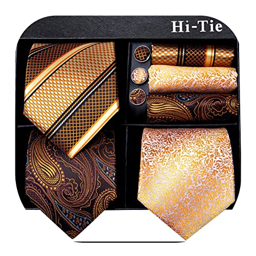 Image of Hi-Tie 3 Pcs Gift Box Mens Tie Set Necktie with Pocket Square Cufflinks Lapel Pin Silk Neck Tie Collection