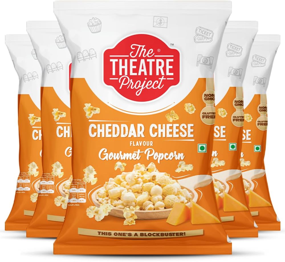 The Theatre Project Cheddar Cheese Popcorn Combo Pack - Gourmet Snack, Perfect for Any Occasion 5 Pouches (275g)