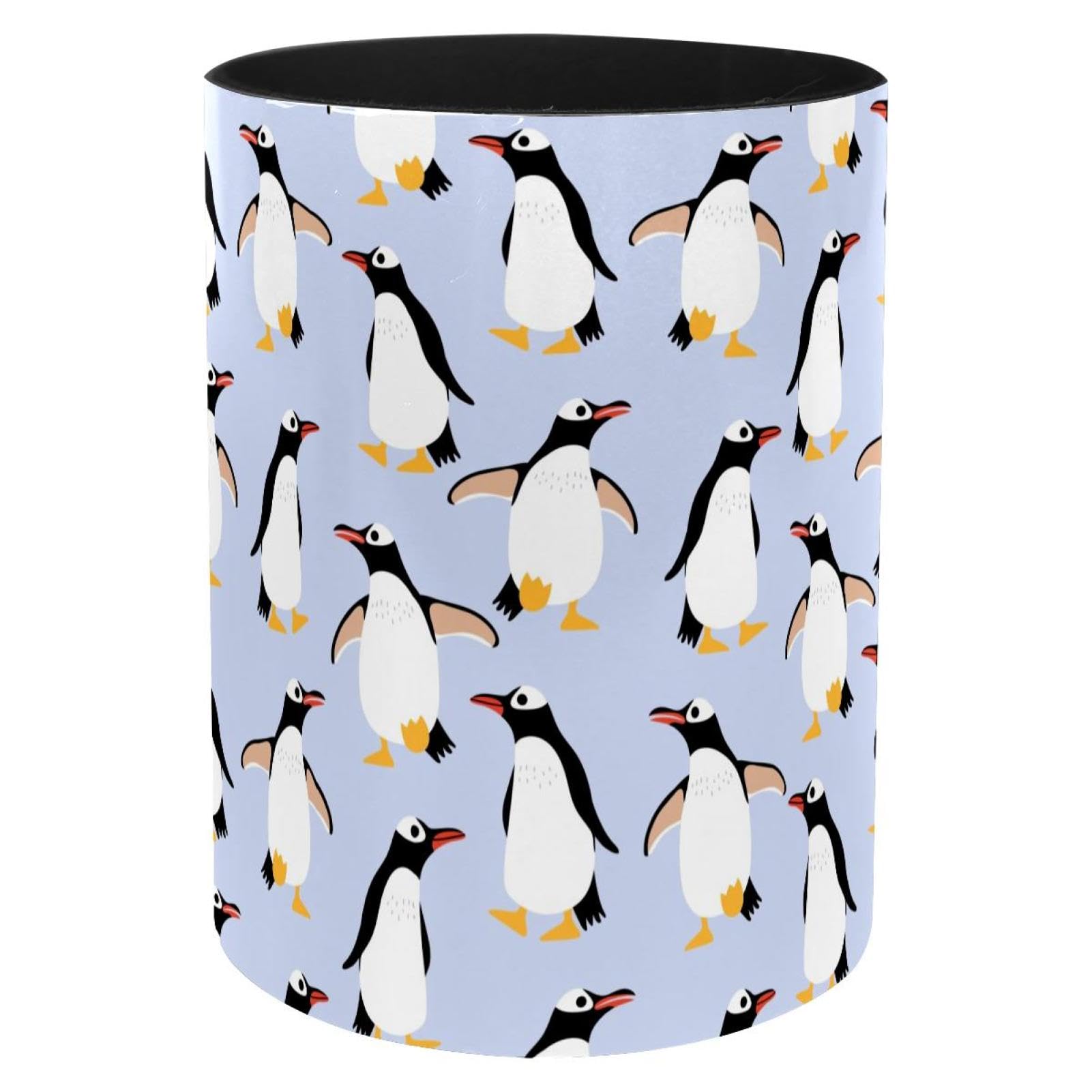 VAPOKF Winter Walking Penguin Pen Holder for Desk, PU Leather Pen Pot Pencil Holders Makeup Brushes Storage Desktop Stationary Supplies Organiser for Home Office