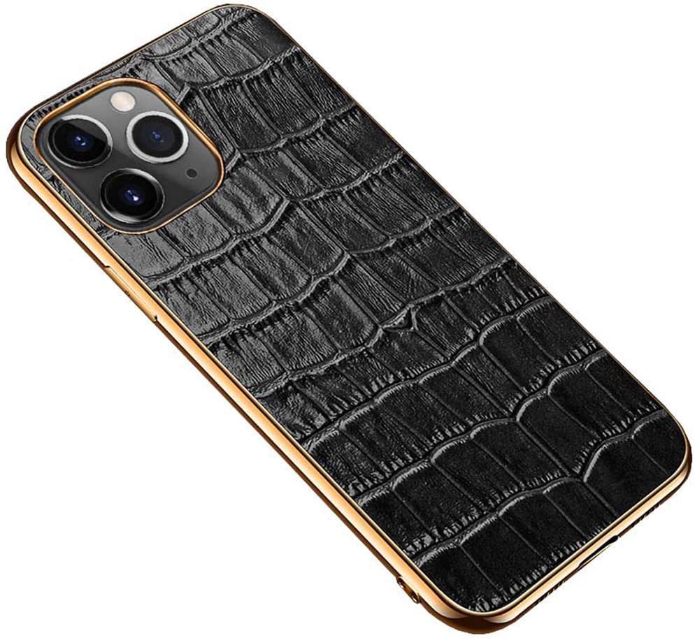 Coque iPhone 11 Pro antichoc en cuir crocodile noir à cadre doré