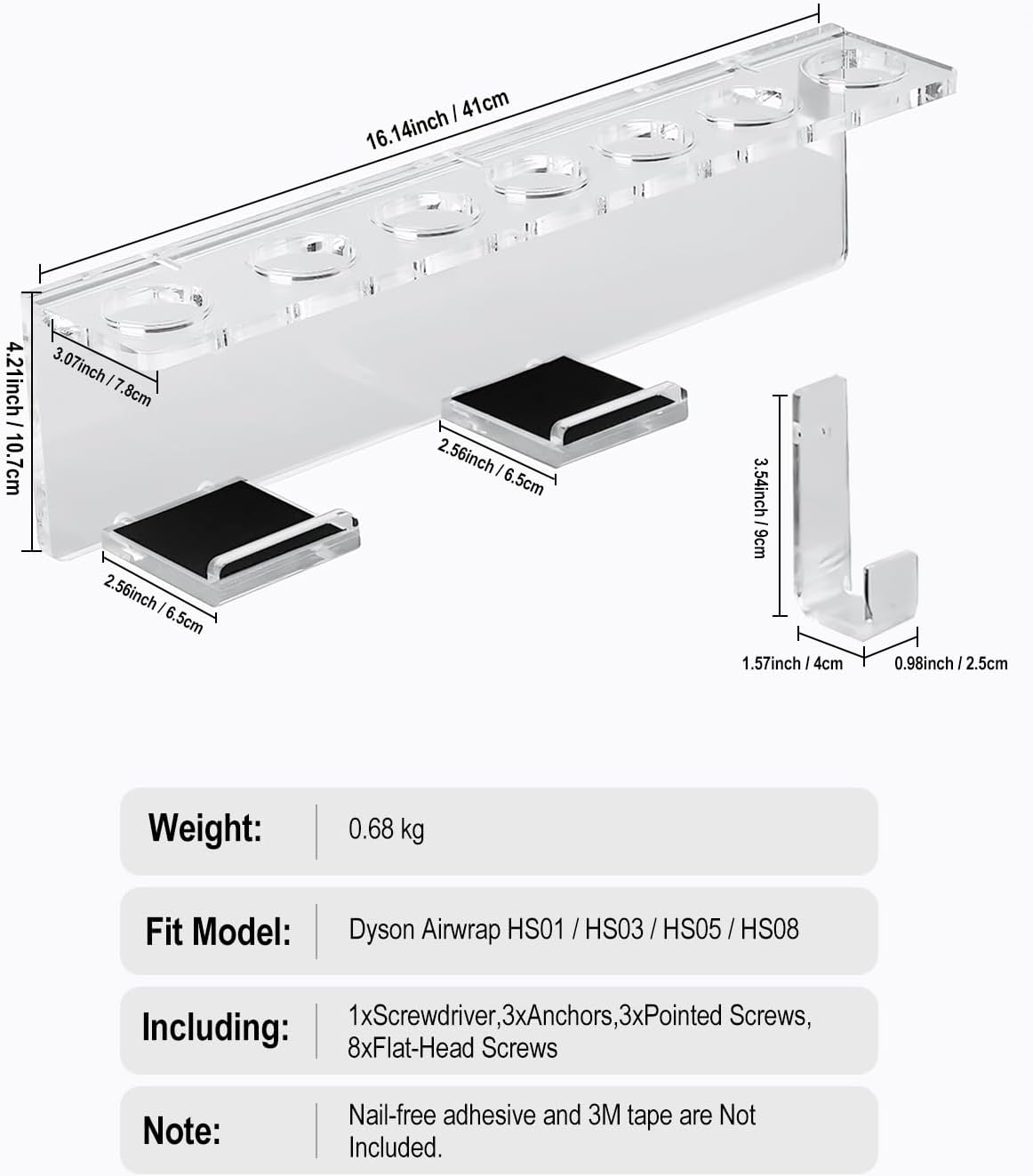 Storage Holder Wall Mount for Dyson Airwrap Attachment, Upgraded 7 Holes Acrylic Organizer Rack for Airwrap Styler Accessories, for Bathroom Vanity, Save Space, Crystal Clear