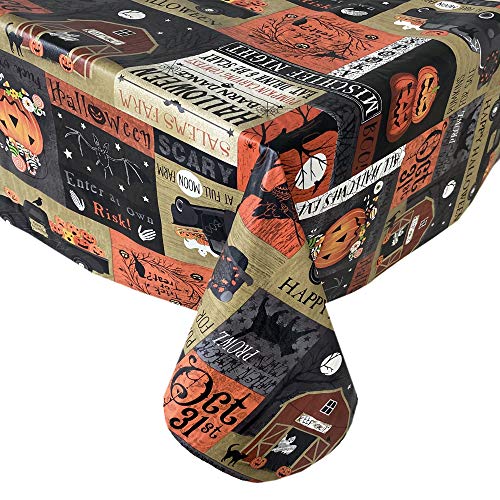 Newbridge Spooky Farm Country Rustic Halloween Vinyl Flannel Backed Tablecloth - Jack O Lanterns, Ghosts, Farm Trucks, Spooky Barn Print , Easy Care Wipe Clean, 70 in Round