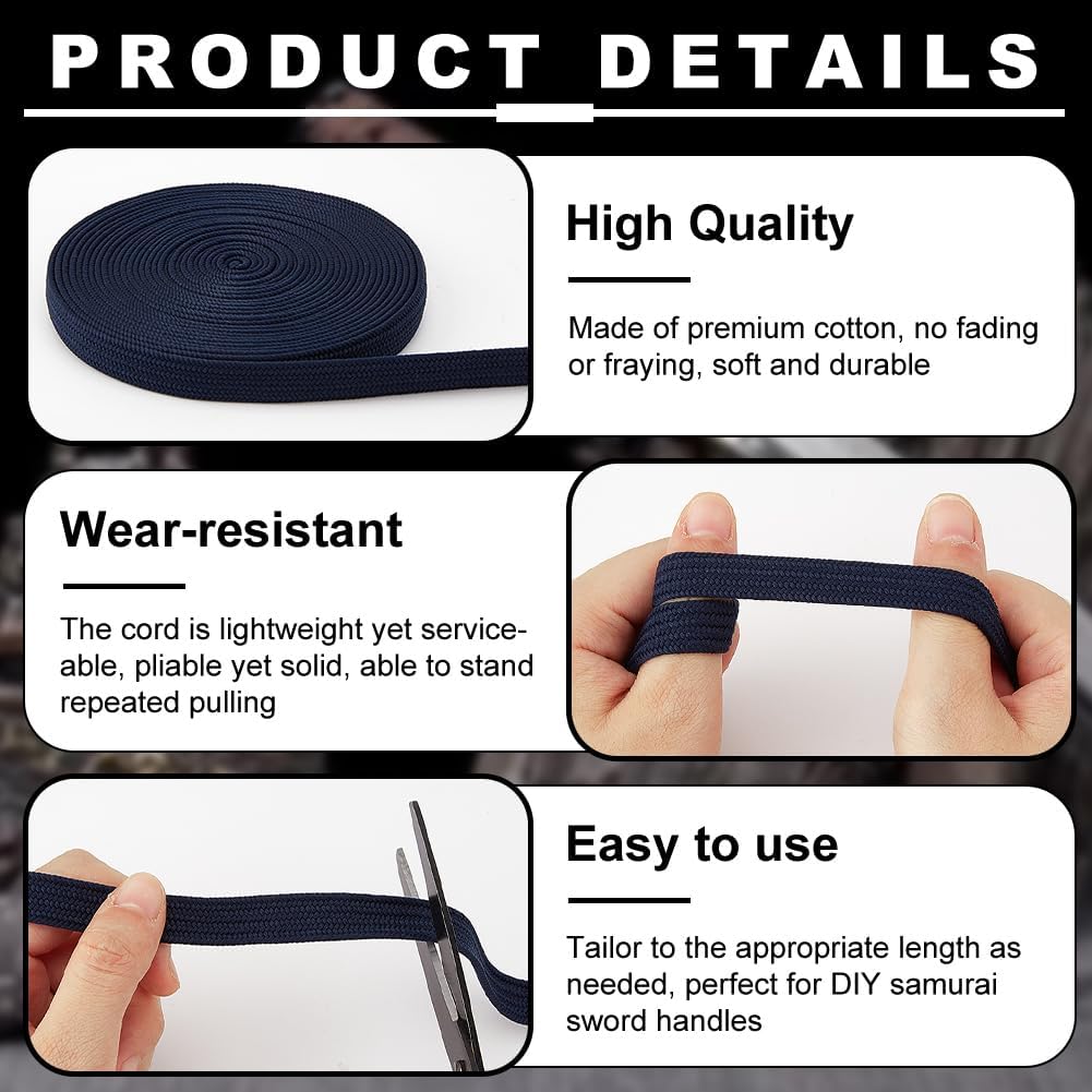 OLYCRAFT 5.5 Yards/5M Dark Blue Ito Sageo Wrapping Cord 0.5 Inch Wide Silk-Cotton Blend Sword Handle Cord Tsukamaki Sageo Wrapping Cord for Japanese Samurai Katana Swords Handle Rope
