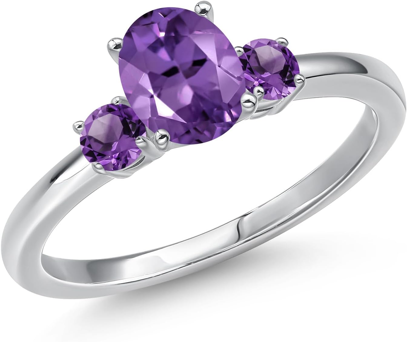 Gem Stone King 14K White Gold Purple Amethyst 3-Stone Engagement Ring For Women | 0.95 Cttw | Oval 7X5MM and Round 3MM | Gemstone February Birthstone