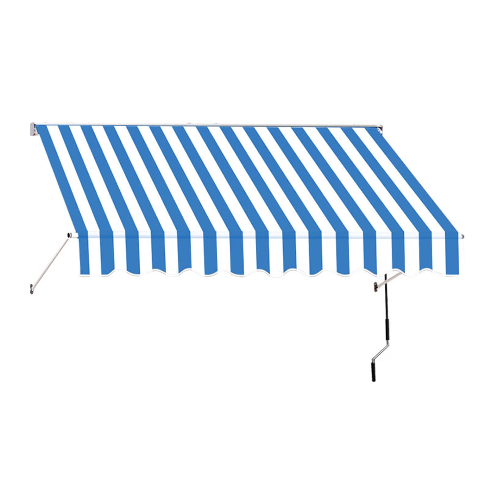 Striped Manual Retractable Awning, Hand Crank Outdoor Sun Shade with UV Protection, Water Resistant Canopy for Shop Front, Café, Door & Porch,blue white,Width 3m