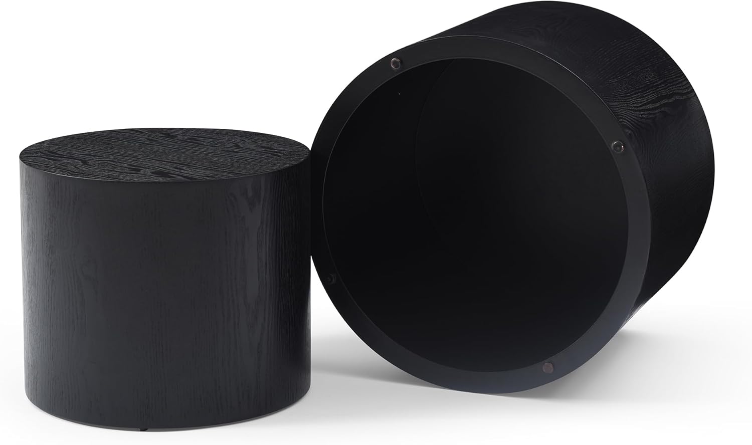 Round Nesting Coffee Table Set of 2, Modern Wood Drum Circle Side Table Small Minimalist Unique Tea End Table for Living Room, Apartment, No Assembly Required, 18.9" &14.9", Black