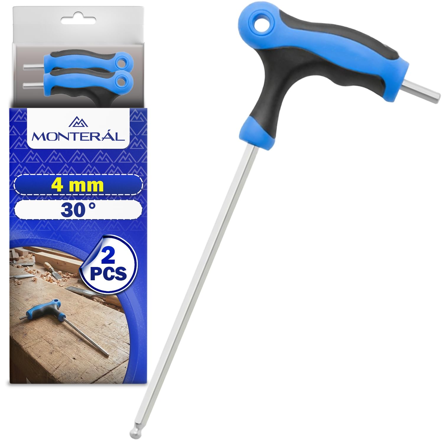 MONTERAL 2 Piezas Llave Allen con Mango en T con Punta Esférica 4 mm - Llaves Allen Permite Trabajar en Ángulos de Hasta 30° - Laves Hexagonales está Fabricada en Acero Aleado S2
