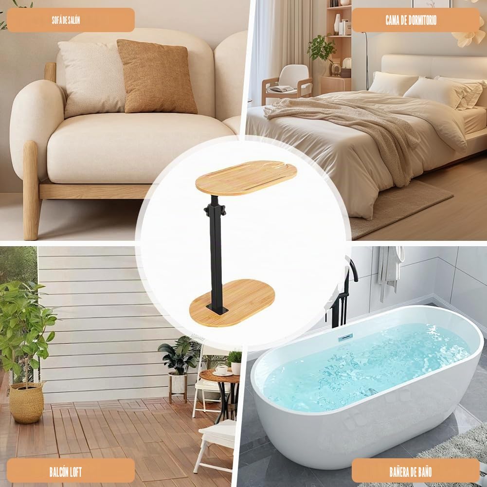 Mesa auxiliar en forma de C, mesa auxiliar de sofá, altura ajustable 360°, mesa auxiliar pequeña de 40 x 22 cm, mesa auxiliar de bambú, mesa de café pequeña con ranura para teléfono móvil