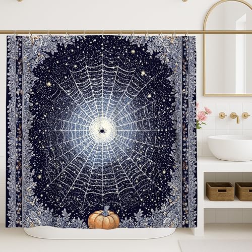 Spider Web Shower Curtain, Navy Blue Halloween Bathroom Decor, Autumn Seasonal Modern Art Waterproof Fabric Shower Curtain with Hooks 72x84 Inch