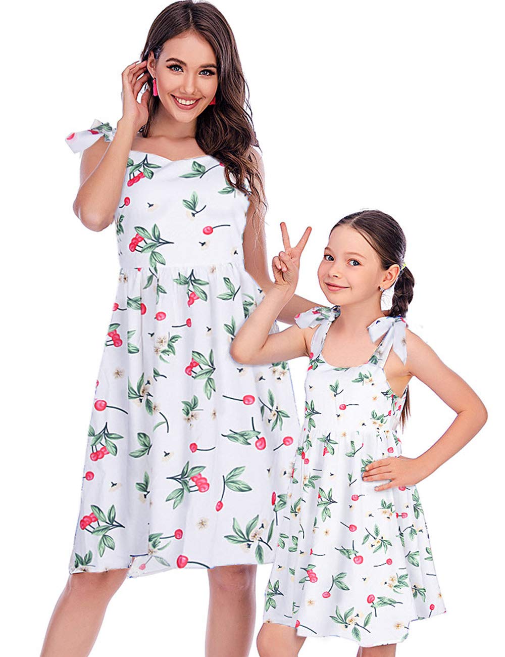 Floral Dresses for Women Girl Bowknot Sleeveless Mommy and Me Dresses Flowy Matching Dress