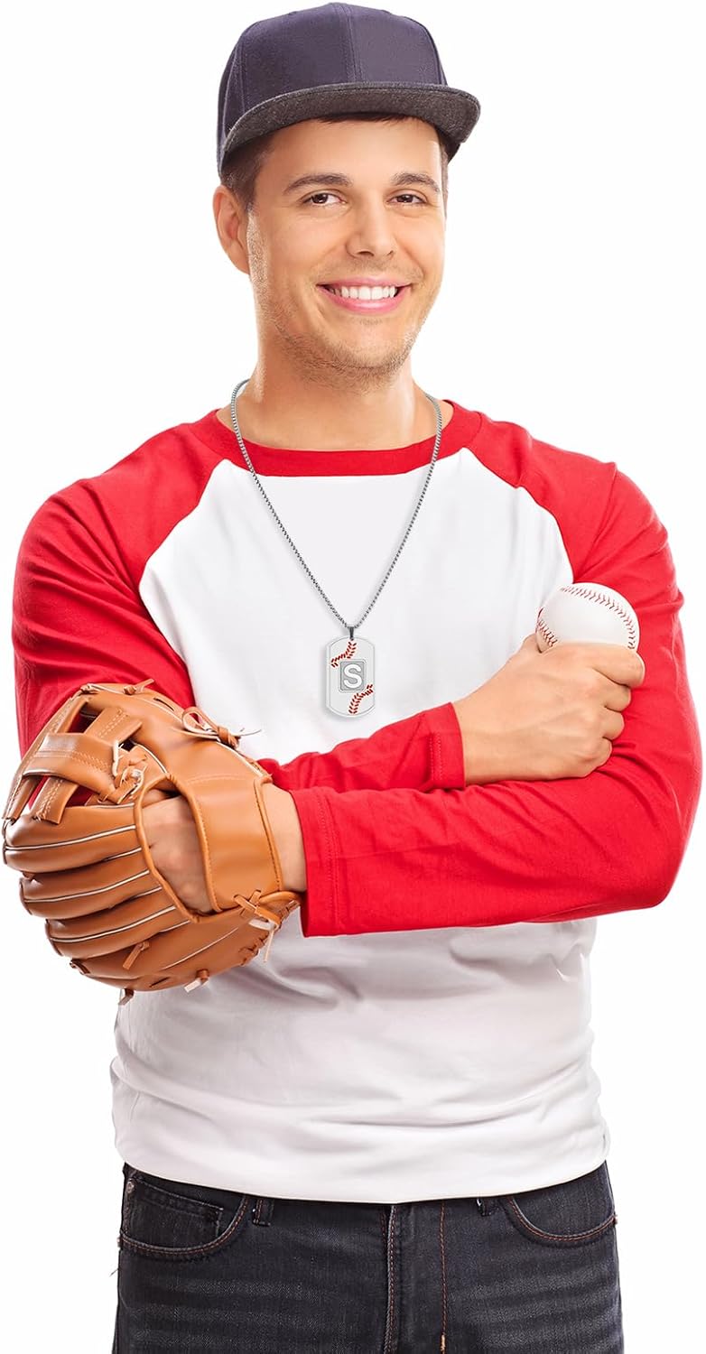 RWQIAN Baseball Necklace for Men,Initial A-Z Dog Tag Necklace for Men,Baseball Athletes Accessories Personalized Military Pendant 24 Inch Chain,Graduation Necklace for Father's Day Gifts - Image 3