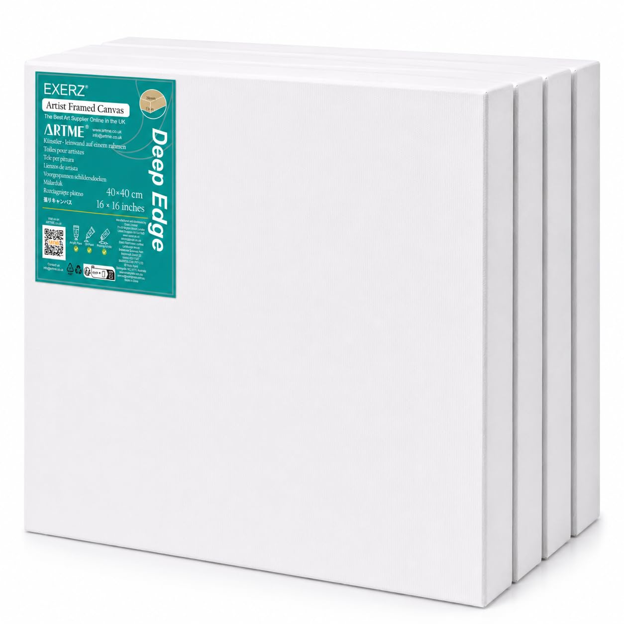 EXERZ 40x40cm Framed Canvas 3.8cm Deep Edge 4 Pack 3D, 380GSM Artist Pre-Stretched 100% Cotton Blank, Triple Primed, Acid Free, Medium Grain - Acrylic & Oil