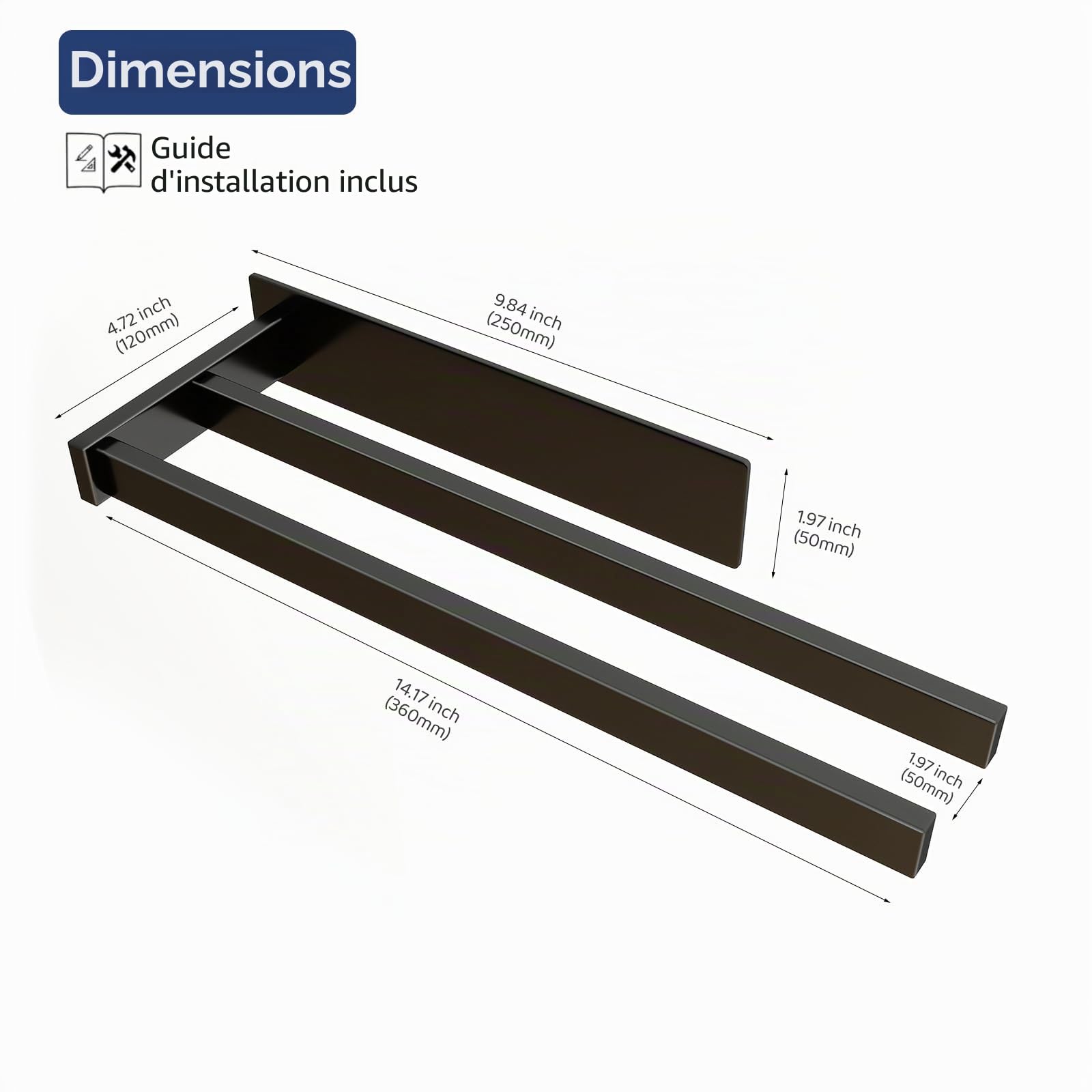 Vista Porte Serviettes Autocollant en Acier Inoxydable SUS304 Porte Serviettes Double de Salle de Bain Robuste et Durable 40cm Noir