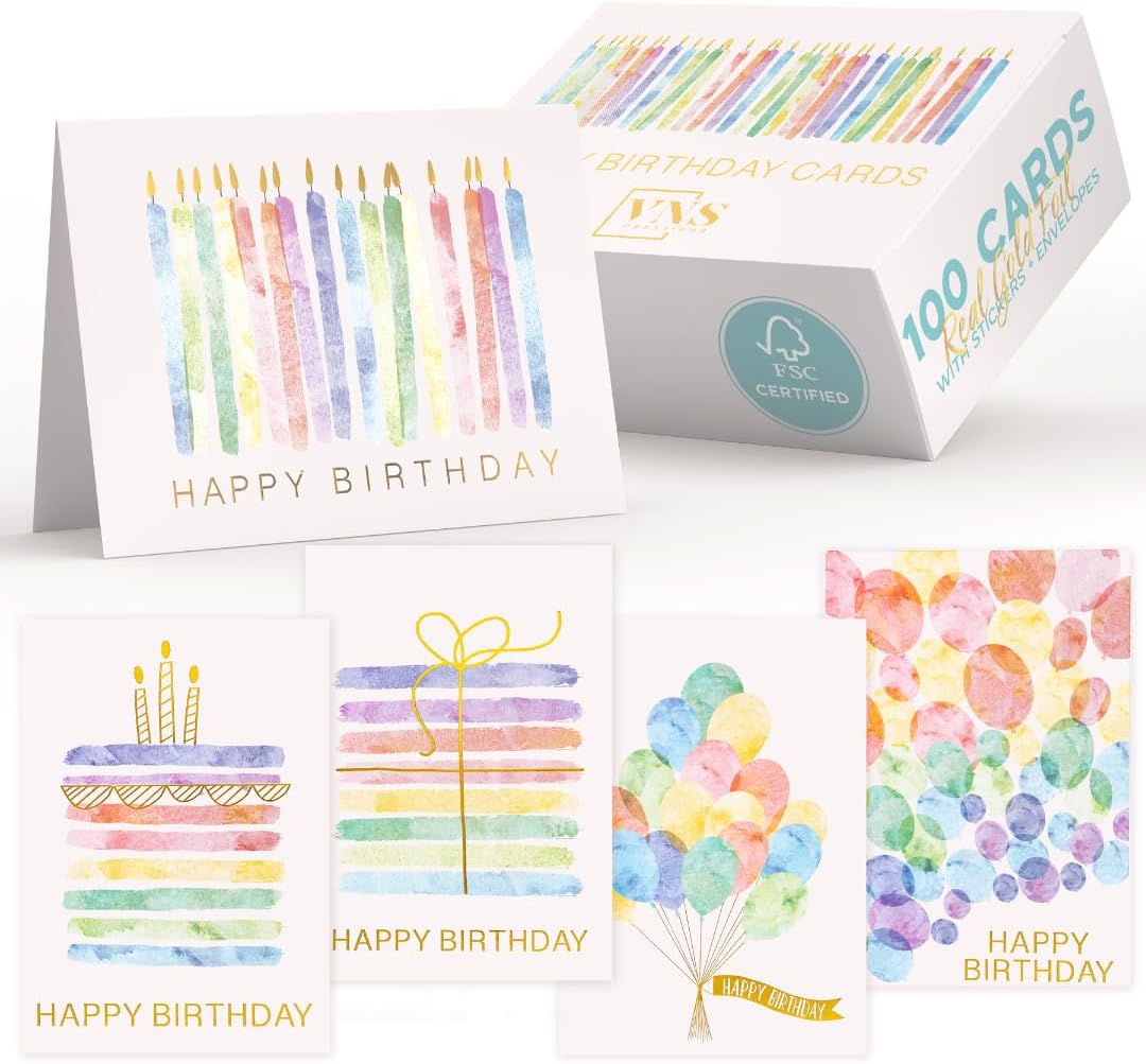 VNS Creations100 Happy Birthday Cards - Bulk Birthday Cards with Envelopes & Stickers - Boxed Birthday Greeting Cards Assortment - Happy Birthday Card - Box Assorted Birthday Cards for Kids & Adults