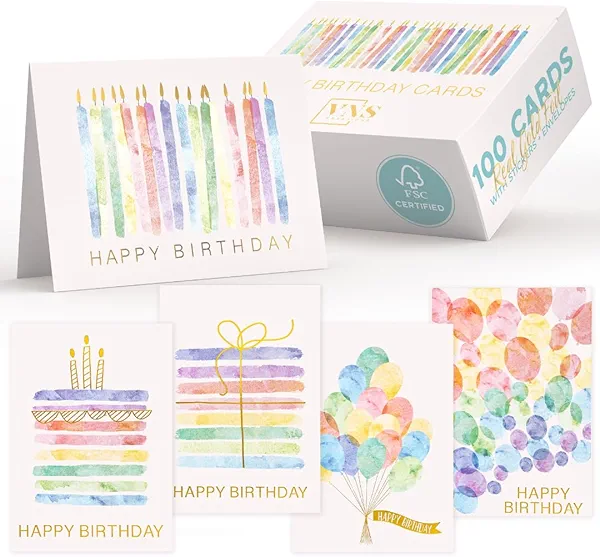 VNS Creations 100 Pack 4x6 Happy Birthday Cards Bulk with Envelopes & Stickers - Boxed, Blank Inside, Variety, Office Party - Assorted Birthday Greeting Note Cards Assortment Box for Kids & Adults