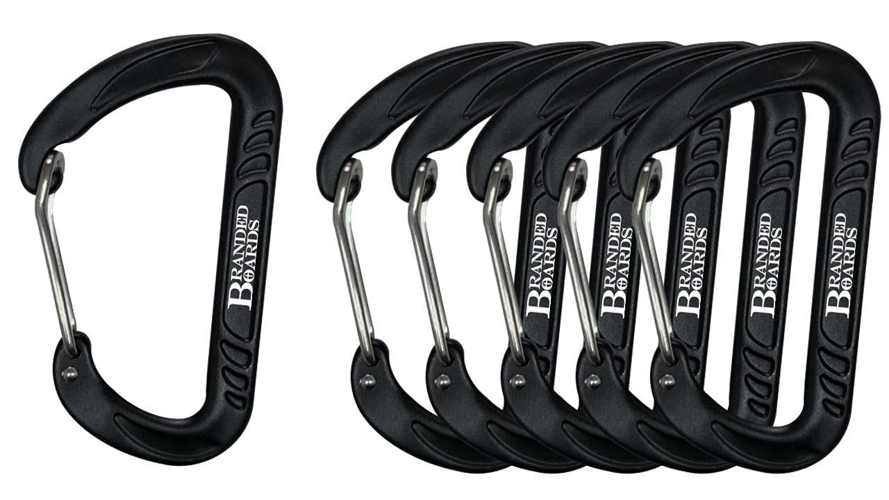 Branded Boards Bushcraft Aluminum Carabiner Wire Gate Spring Snap Clip Link Hooks. Black or Silver, 6-Packs or 12-Packs
